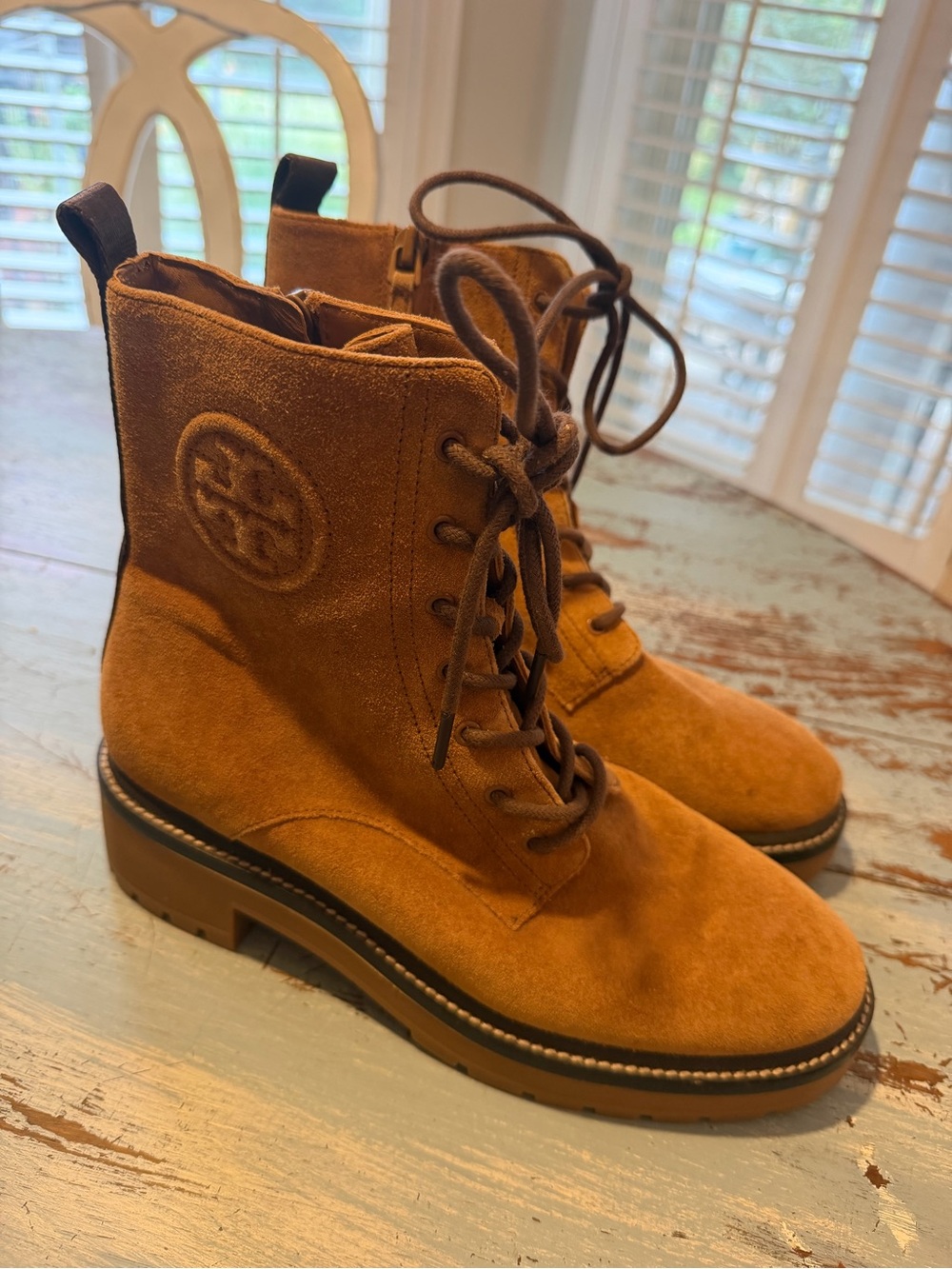 Tory Burch Chestnut Suede Lace-Up Combat Boots